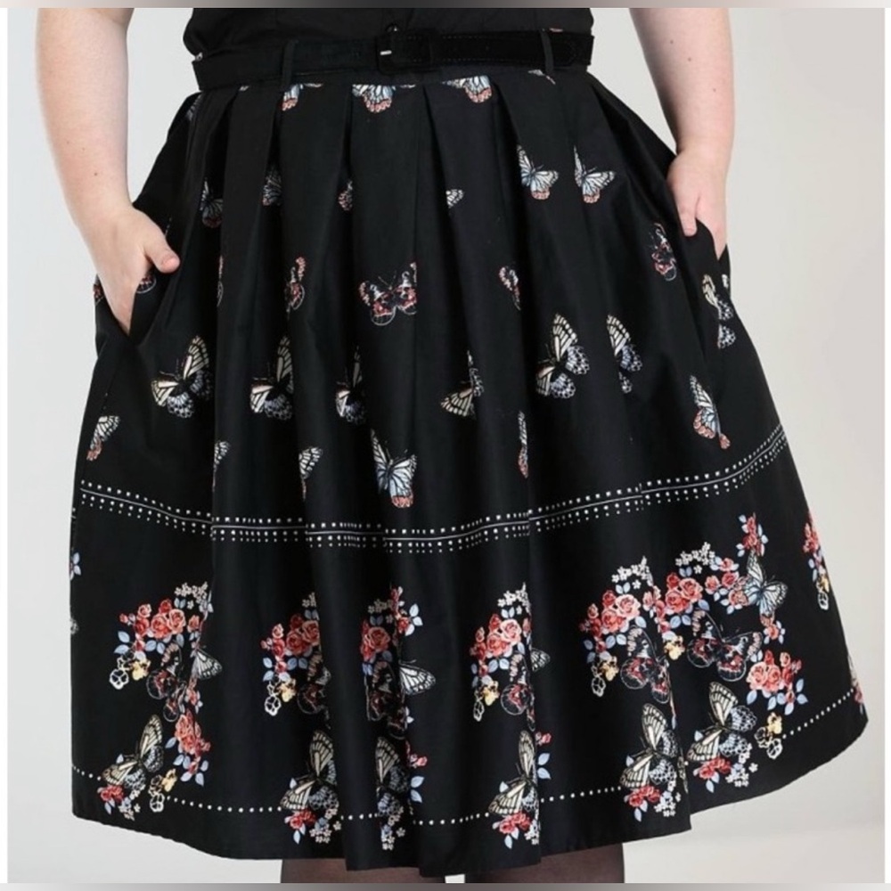 Hell Bunny Retro Butterfly Floral Pleated Midi Skirt Black Cotton Vintage Pinup